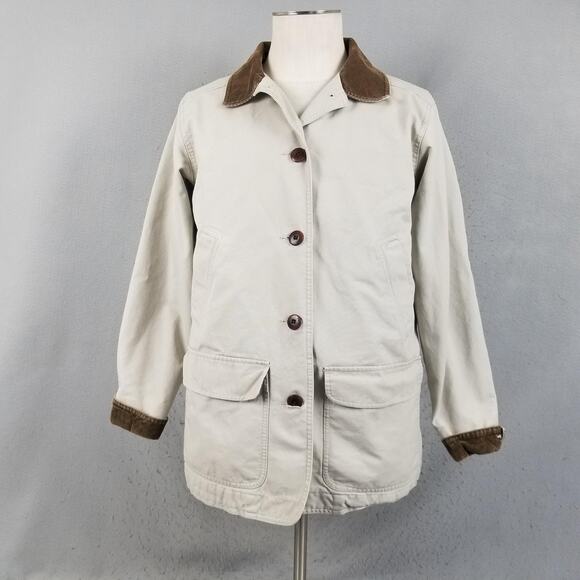 L.L.Bean Jacket Womens Medium Khaki Brown Corduroy Collar Barn Chore Canvas Coat - Picture 1 of 16